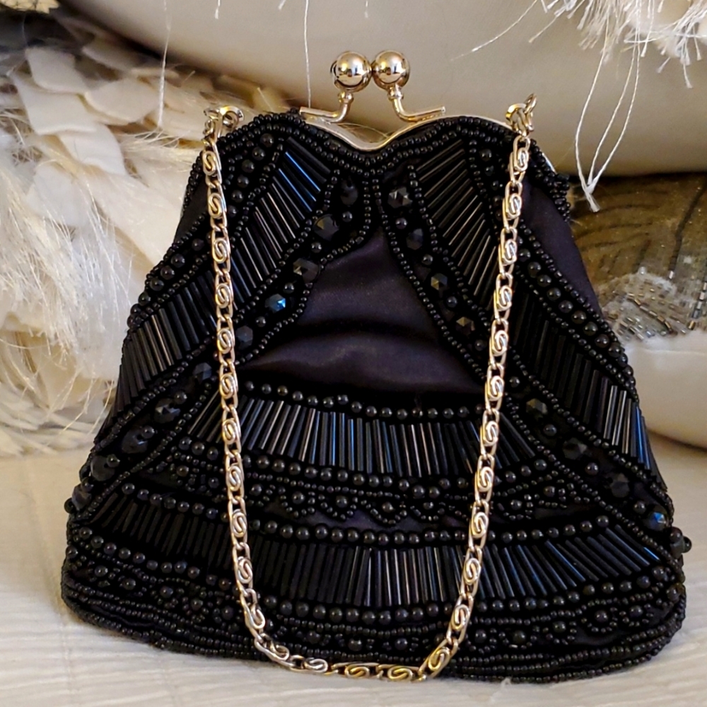 Little black evening bag, beaded with gold chain